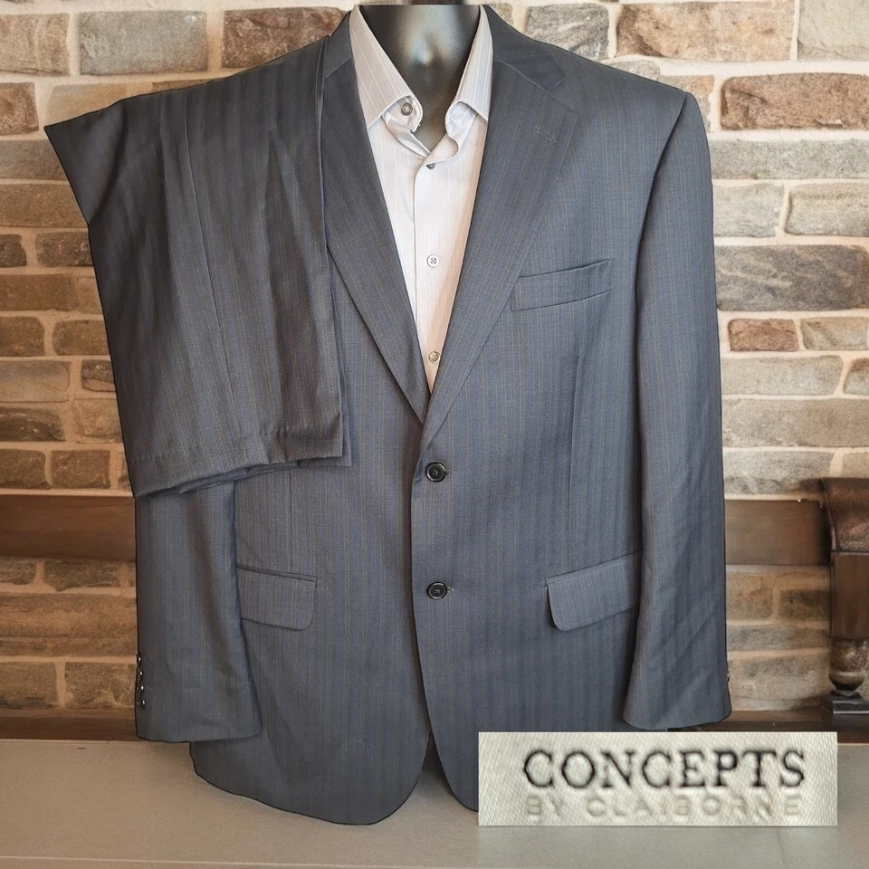 Claiborne 2 Piece Suit Mens 46R 38X27 Charcoal Blue Brown Stripe Wool - Image 1 of 4