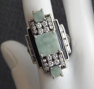 Jade of Yesteryear Sterling Silver Ring Green Jade & Enamel JOY #212-T - Picture 1 of 6