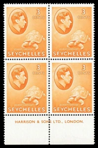 Seychelles 1942 KGVI 3c orange plate imprint block superb MNH. SG 136ab. - Picture 1 of 1
