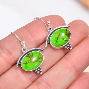 Copper Green Turquoise Gemstone 925 Sterling Silver Earring, Elegant Earring - Picture 1 of 4