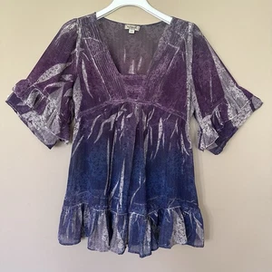 One World Sheer Boho Fairy Top Women L Purple Babydoll Ruffle Hippie Blue Pleat - Picture 1 of 9
