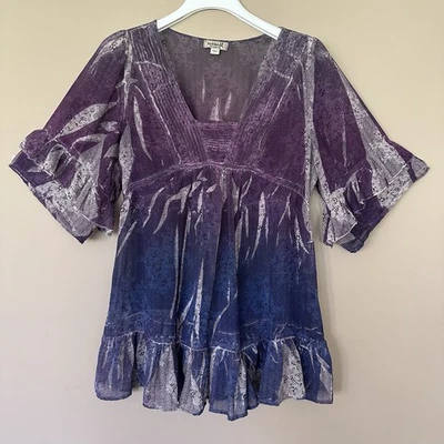 One World Sheer Boho Fairy Top Women L Purple Babydoll Ruffle Hippie Blue Pleat - Image 1 of 4