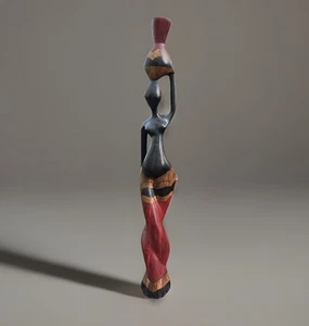 Holz bemalte geschnitzte afrikanische Frau Statue Deko Volkskunst mit Korb auf Kopf - Bild 1 von 17