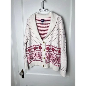 Lands' End rot weiß Fair Isle adretter Nantucket Wasserfallausschnitt Pullover Cardigan L - Bild 1 von 9