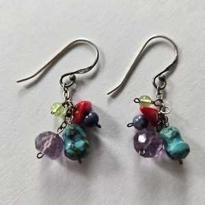 Retired Silpada Sterling Turquoise Earrings Coral Lapis Amythyst Peridot Vintage - Picture 1 of 9