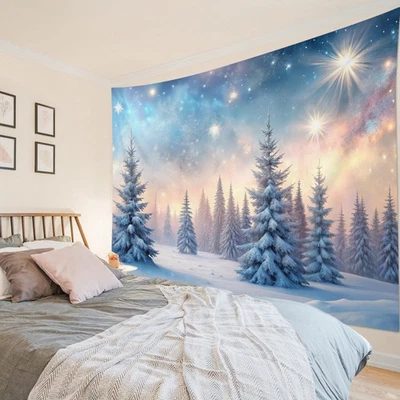 Winter Woodland Landscape Snowy Forest Tapestry for Bedroom Living Room Dorm - Image 1 of 4