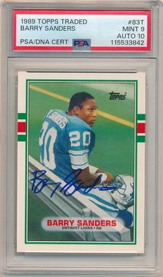BARRY SANDERS 1989 TOPPS TRADED RC ROOKIE SIGNED AUTOGRAPH PSA 9 MINT 10 AUTO SP - Image 1 of 2