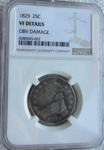 1825 25C Capped Bust Quarter  Rare Key Date NGC VF Detail Obverse Damage Cover