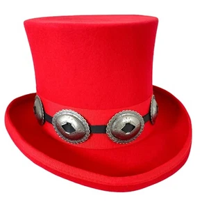 Top Hat Red Wool Steampunk Concho Band Victorian Costume Slash Mad Hatter USA - Picture 1 of 8
