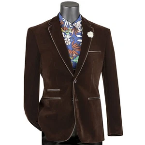 VINCI Men's Brown Velvet 2 Button Slim Fit Blazer w/ Leather Trim NEW - Picture 1 of 3