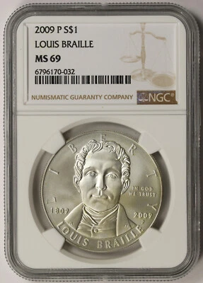2009-P Louis Braille Modern Silver Commemorative Dollar $1 MS 69 NGC - Image 1 of 4
