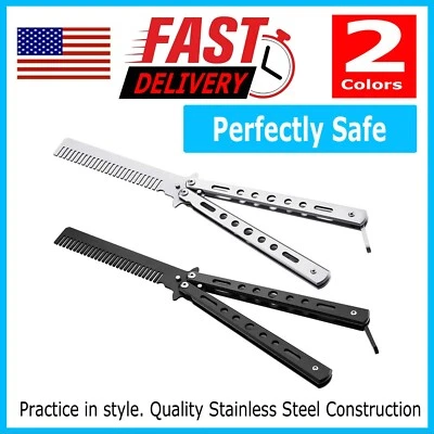 Butterfly Balisong Trainer Training Comb Knife Tool Metal Practice Black Silver - Image 1 of 4