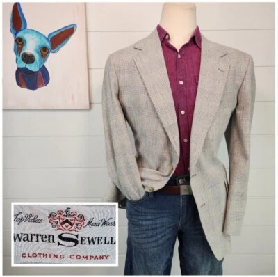 Warren Sewell Mens Metal Button Blazer Blue Glen Check Silk Linen Sz 44L - Image 1 of 4