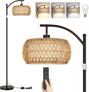 Boho Floor Lamp with Dimmable Bulb, Rattan &Linen Double Shades, Boho Standing T - Picture 1 of 8