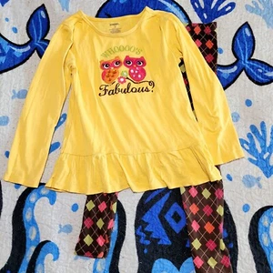 Kid Girl's Gymboree Owl Yellow Long Sleeve Top Brown Argyle Leggings, Sz 5 S - Picture 1 of 5