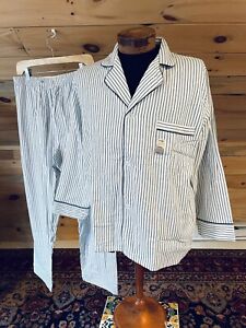 NEW Diplomat After Hours WHITE Navy Striped Flannel Pajamas 2 Piece Set Men's L 