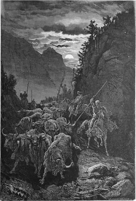 ESPAGNE -TAUROMACHIE, TAUREAUX de COMBAT conduit à VALENCE -Gravure 19e (G.Doré) - Photo 1/3