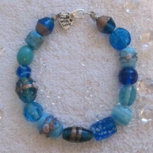 Handmade 8" Mixed Blue Tones Indian Glass & Stone Bracelet - Lobster Claw Clasp - Picture 1 of 2