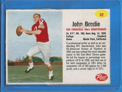 1962 年 POST 足球套装 BREAK # 92 约翰·布朗迪 - 旧金山 49 人队 — 第 1/2 张图片