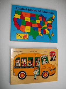 Vintage Wood Puzzles Fisher Price School Bus Connor Toy United States Map - Picture 1 of 2