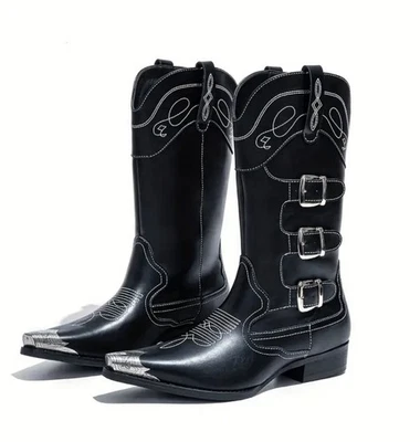 Botas de vaquero rústicas de cuero negro para hombre | Bordadas occidentales con correas talla 13 Foto 1 de 4