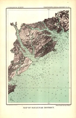 Savannah District Georgia – 1893 USGS Nautical Lithograph Map, Antique Original - Image 1 of 2