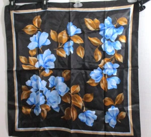 VINTAGE~MADE IN ITALY~Black w/ Blue Flowers 100% ACETATE SCARF~27" x 26.5" - Picture 1 of 4
