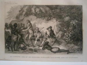 gravure 19° voyage Cook et ses officiers partage leur diner avec les O-Taïtiens - Imagen 1 de 1