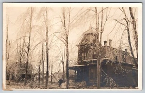 Postcard RPPC, Historic Photo People Ice Storm House Trees Unposted - Picture 1 of 2