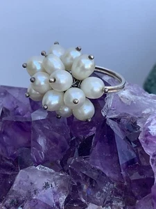 Vintage Sterling Silver Freshwater Pearl Cluster Cha Cha Ring Size 6 H16 - Picture 1 of 12