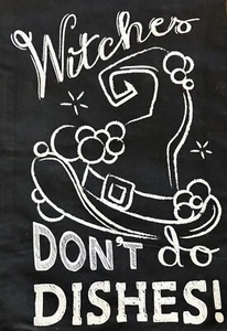 Halloween Tea Towel “WITCHES DON’T DO DISHES” Kitchen Towel Black & White 14x14” - Picture 1 of 2