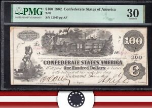 T-39 1862 $100 Confederate Currency *TRAIN NOTE* PMG 30 comment 12945
