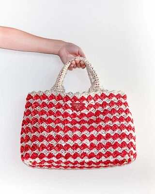 Prada Canapa Дамская сумка с белой/красной соломы ранг подлинный винтажный - Изображение 1 из 4