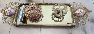 Vintage Rhinestone Dresser Tray Perfume Hollywood Regency Vanity Mirror Set 18" - Picture 1 of 12