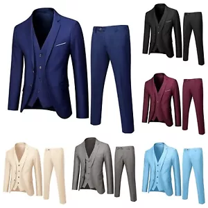Men’s Suit Slim 3 Piece Suit Business Wedding Party Jacket Vest & Pants @ - Picture 1 of 30
