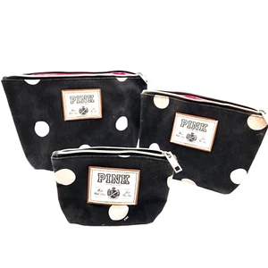 VICTORIA'S SECRET LOVE PINK POLKA DOT Black Lot Of 3 Canvas Vinyl Bags Vintage - Picture 1 of 10
