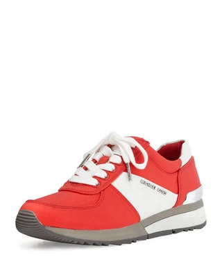 Nuevo Michael Kors Allie Entrenador Tenis Coral Arrecife Plata Logo Satén Saffiano  Foto 1 de 4