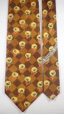 ERMENEGILDO ZEGNA оранжевый и коричневый чеки с цветами 100% итальянский шелковый галстук - Изображение 1 из 4