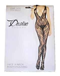 One Size (90-160lb) Fantasy Lingerie Sheer Lace V Neck Bodystocking Open Crotch - Picture 1 of 2