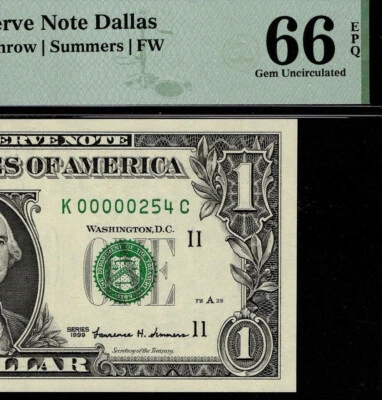 1999 $1 Federal Reserve Note Low 3 digit Serial Number Dallas K00000254C PMG 66 - Image 1 of 4