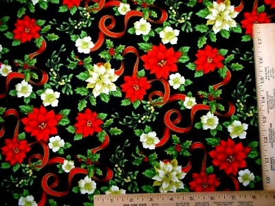 Tela de Navidad 1 1/4 yarda rojo marfil cinta de acebo de pascua algodón negro 31 C Foto 1 de 2