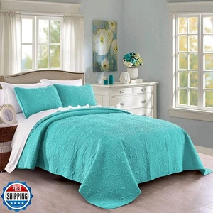 Pure Bedding Quilt Set King/Cal King/California King Size Aqua - Oversized Be - Picture 1 of 5