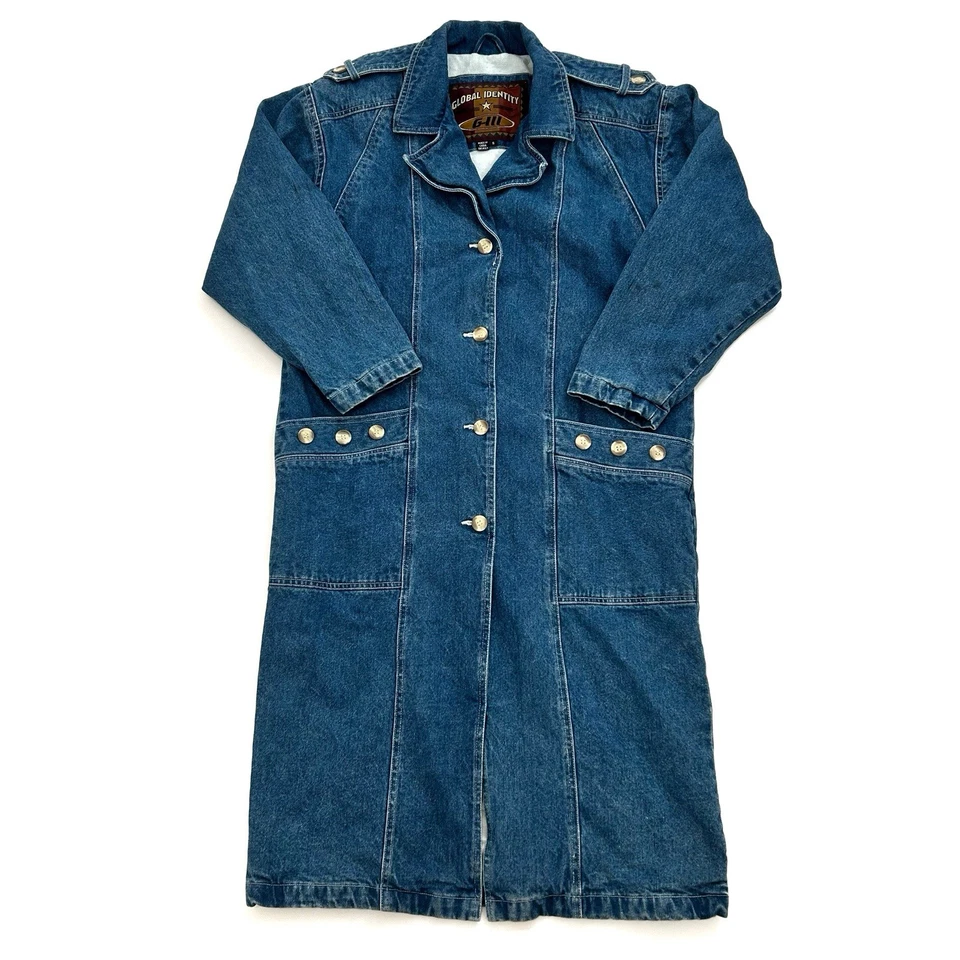 Vintage Global Identify Long Floor Denim Jean Jacket Trench Coat Womens Sz Small - Image 1 of 4