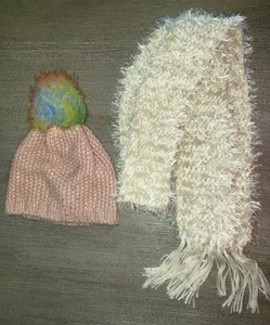 OLD NAVY girls LARGE dusty rose pink KNIT HAT POMPOM RAINBOW white HAIRY SCARF 2 - Picture 1 of 1