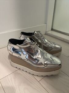 Stella Mccartney Elyse White Star Wedge Platform Sneaker, Silver , EUR 37