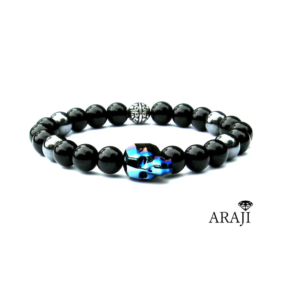 Браслет с черепом из натурального обсидиана оникса драгоценных камней кристаллов Swarovski и гематита - Изображение 1 из 1