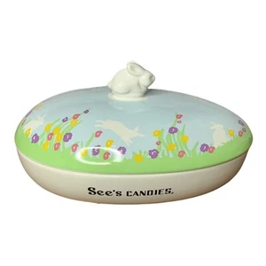 See’s Candies Ceramic Bunny Dish Easter Spring Oval Candy Box Lid Floral Pastel - Picture 1 of 10