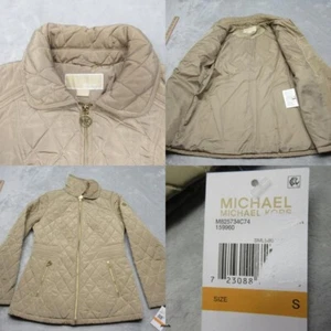Michael Kors Jacket Womens Small Tan Pockets Full Gold Zip Quilted Puffer NEW - Picture 1 of 14