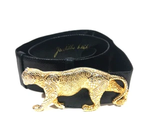 Judith Leiber Gold plate Panther Jaguar Buckle Leather 33" Adjustable Wide Belt - Picture 1 of 8