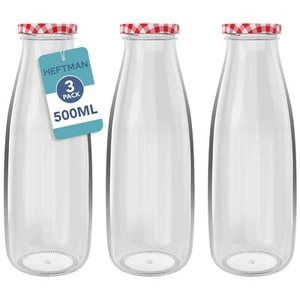 HEFTMAN Heftman Glass Milk Bottles Airtight Gingham Lids Drinks 500ml 3 Pack - Picture 1 of 7